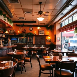 Dining area of Cocozza American Italian restaurant with cozy decor and bar