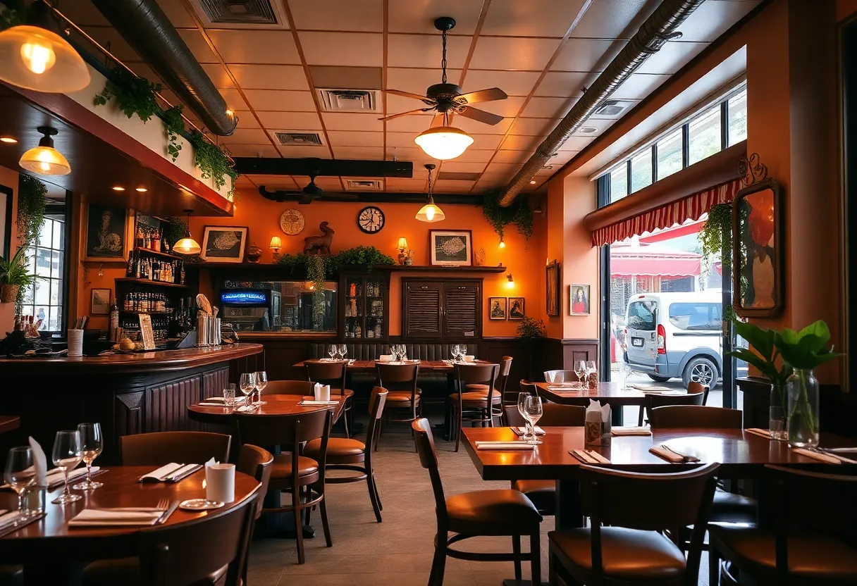 Dining area of Cocozza American Italian restaurant with cozy decor and bar