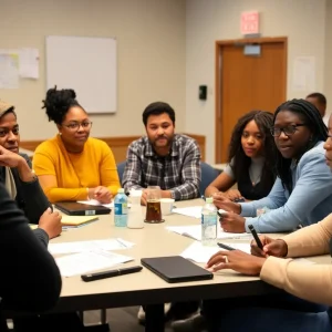 Group of diverse community members discussing strategies to combat gun violence in Memphis.