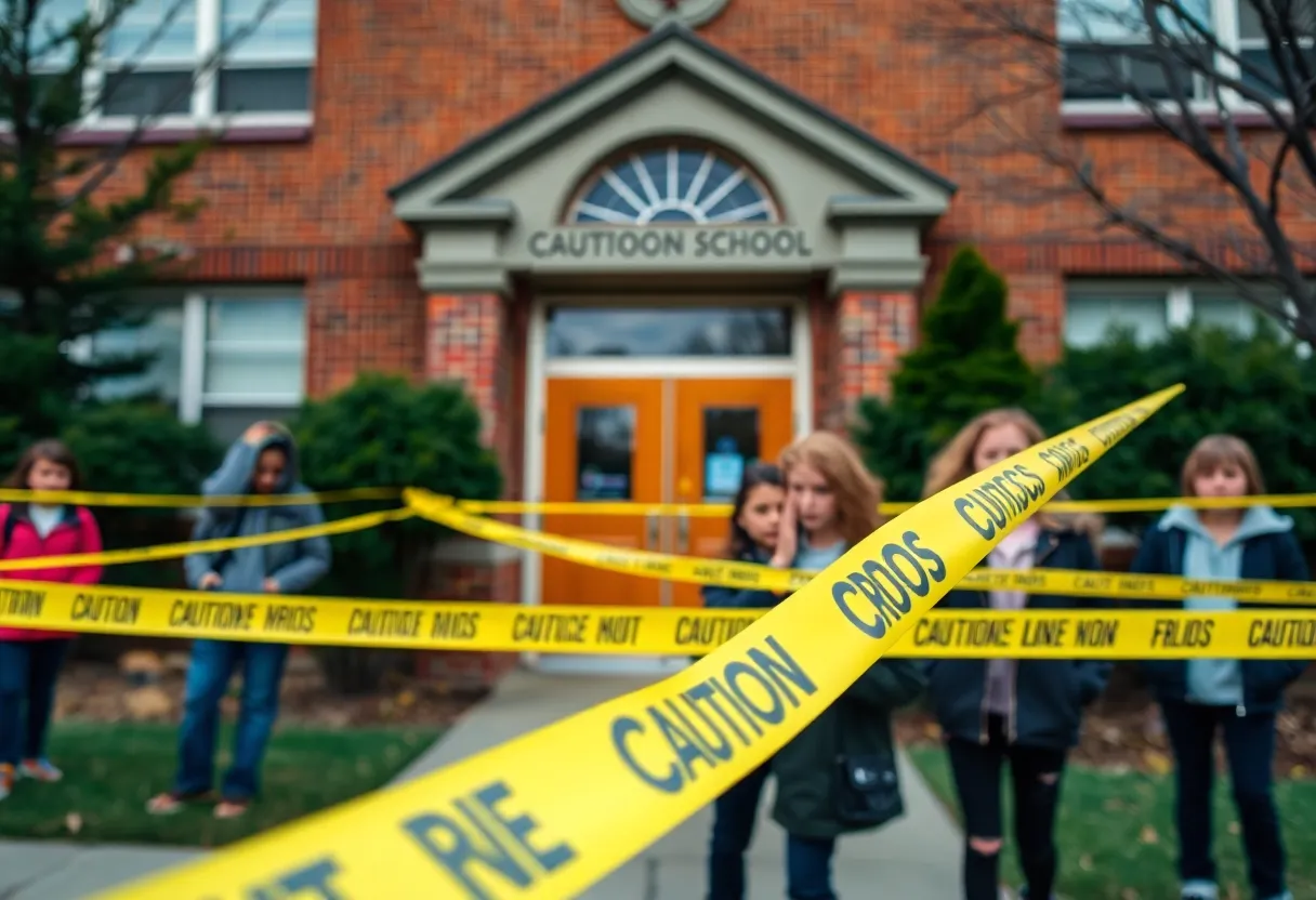 DeSoto Central Middle School with caution tape and concerned students