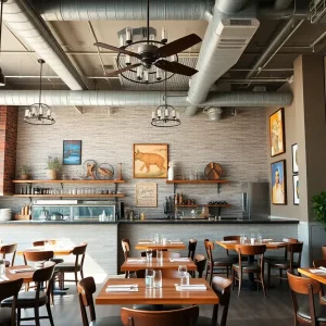 Interior view of Dory restaurant with open kitchen and local art.