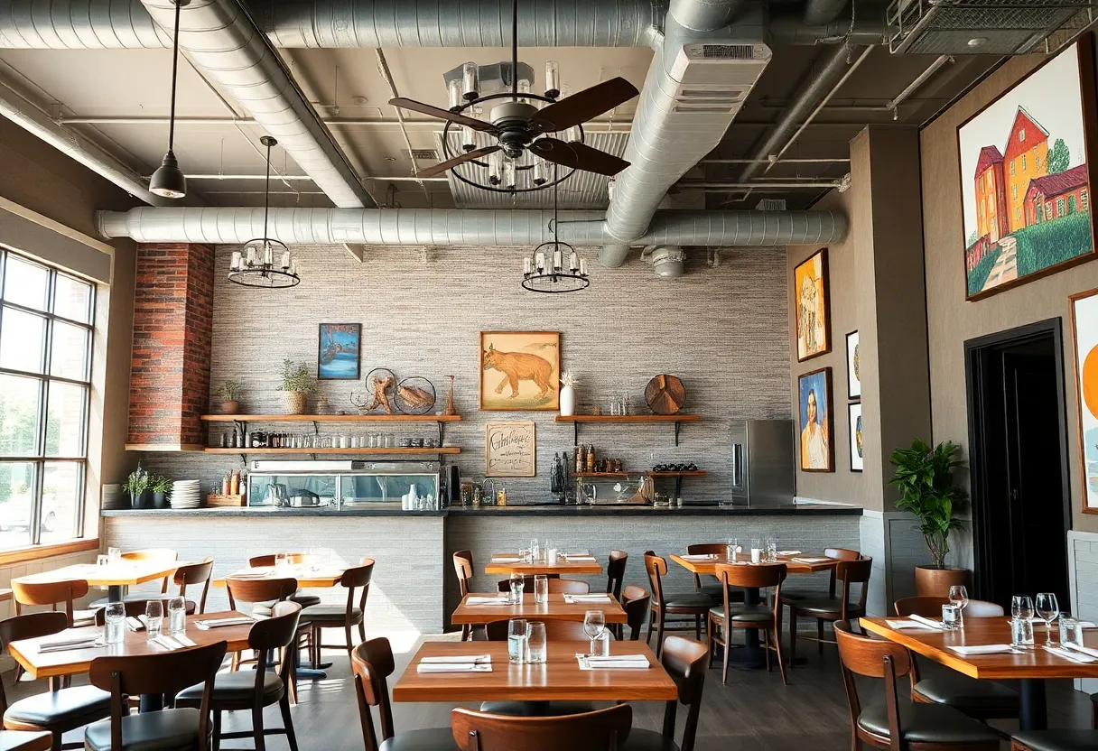 Interior view of Dory restaurant with open kitchen and local art.