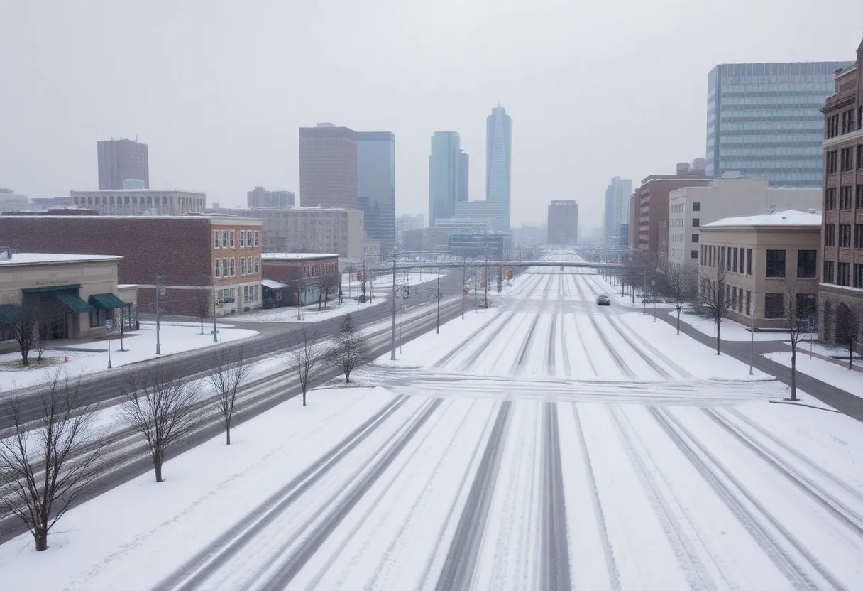 Snow covering roads and buildings in Memphis during extreme cold weather