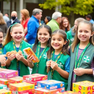Girl Scouts at a cookie booth in Memphis with happy customers