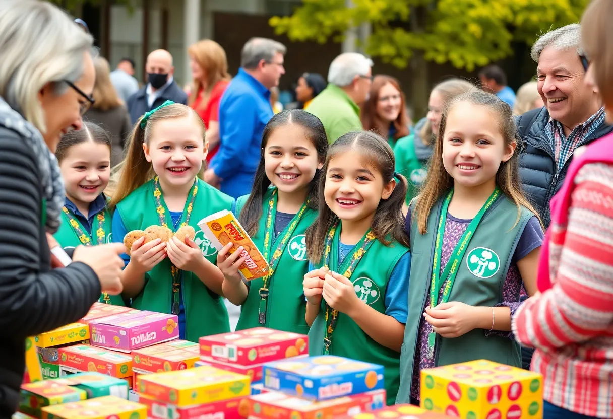 Girl Scouts at a cookie booth in Memphis with happy customers