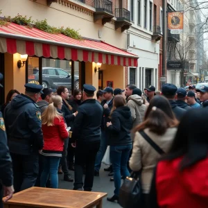 Crowd gathered outside a cafe during police intervention