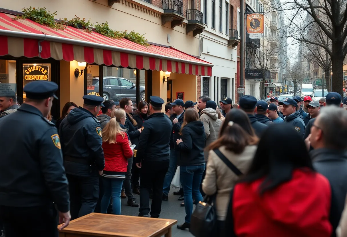 Crowd gathered outside a cafe during police intervention