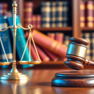 Illustration of a courtroom with a gavel and scales of justice.