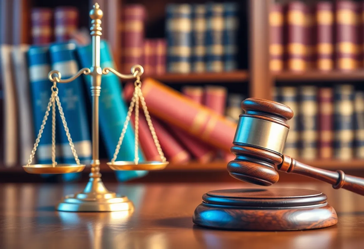 Illustration of a courtroom with a gavel and scales of justice.