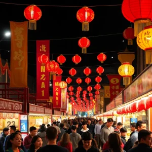 A vibrant scene from the Lunar New Year Fair in Memphis featuring traditional performances and food stalls.