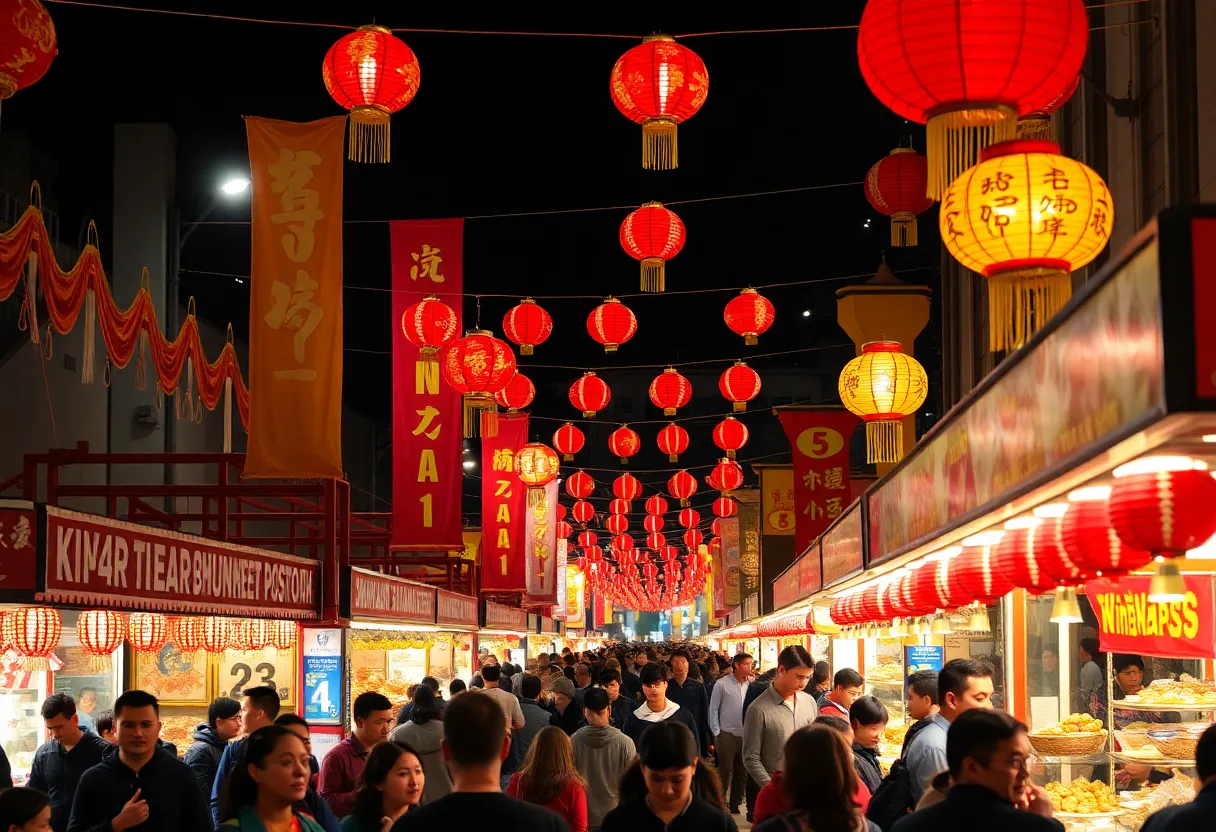 A vibrant scene from the Lunar New Year Fair in Memphis featuring traditional performances and food stalls.