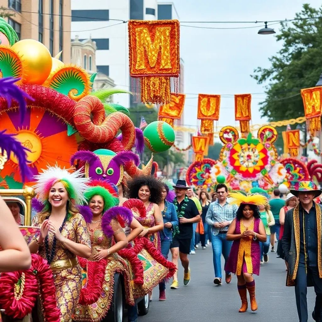 Crowd celebrating Mardi Gras in Memphis with costumes and decorations