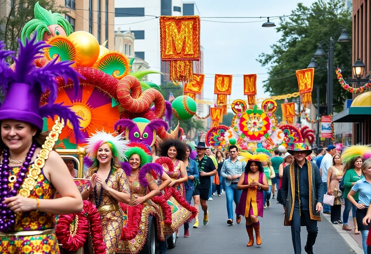 Crowd celebrating Mardi Gras in Memphis with costumes and decorations