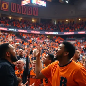 Enthusiastic fans at a University of Memphis basketball game.