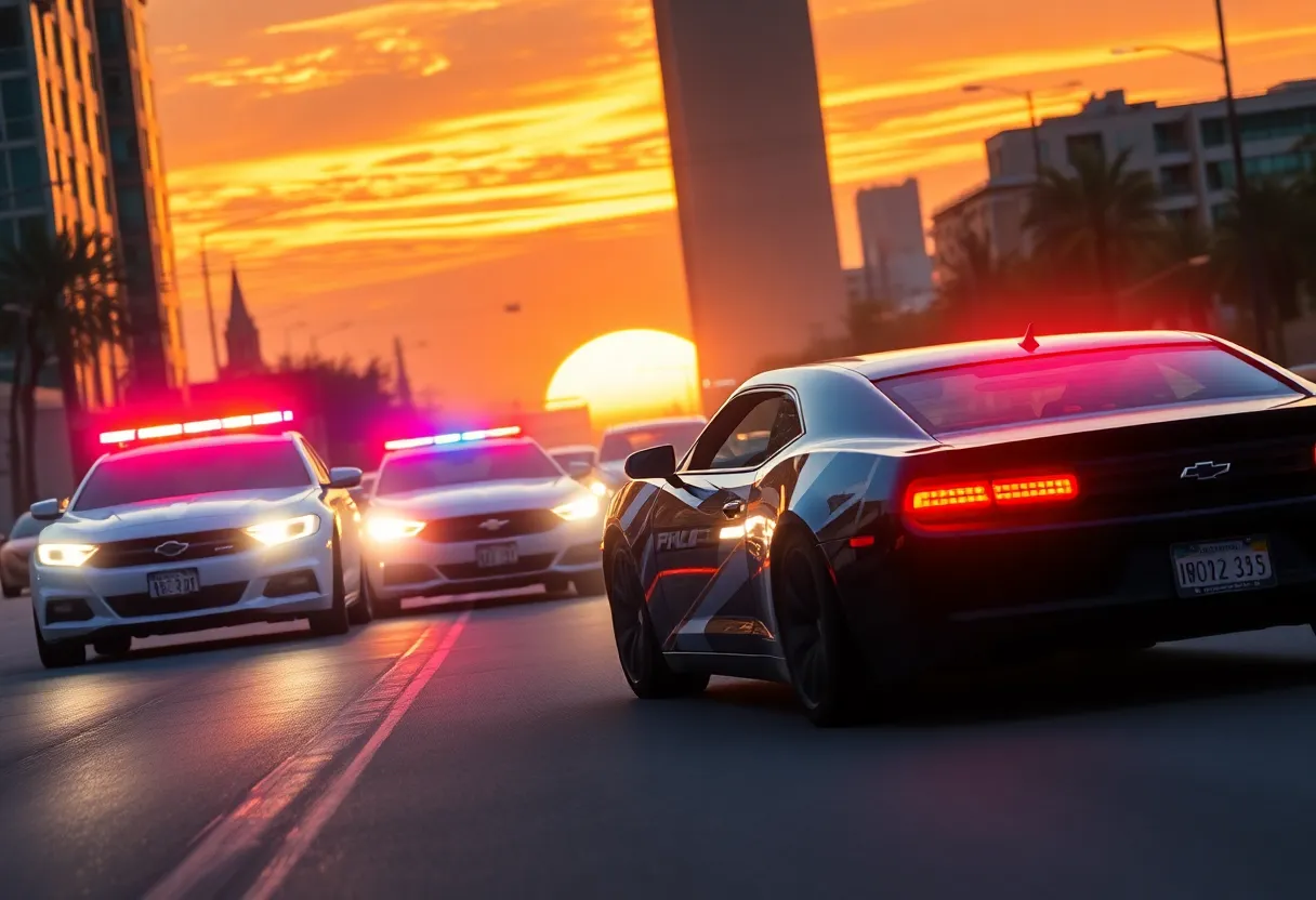 Police cars surround two stolen Camaros at night.