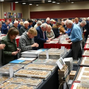 Vivid display of coins at the Memphis Coin Club Show 2025 with collectors engaging.