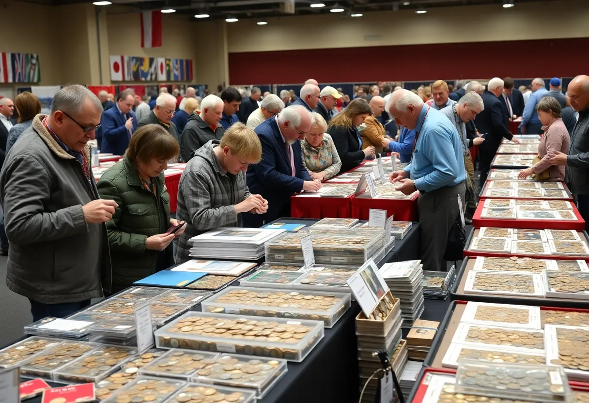 Vivid display of coins at the Memphis Coin Club Show 2025 with collectors engaging.