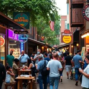 Street view showcasing diverse businesses and community members in Memphis.