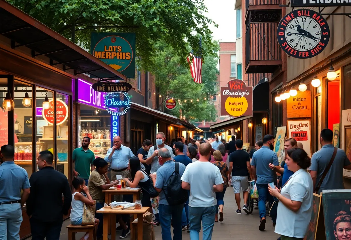Street view showcasing diverse businesses and community members in Memphis.