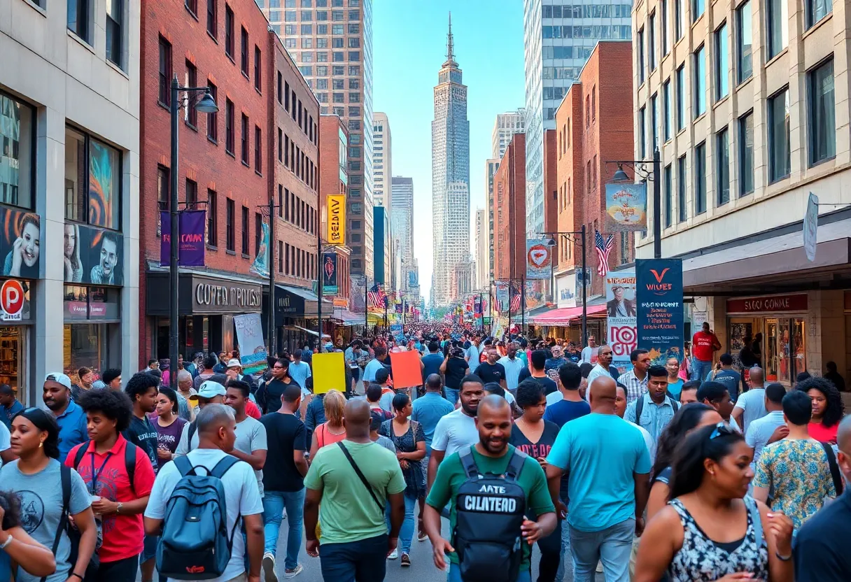 A lively event scene in Memphis, depicting community gatherings.