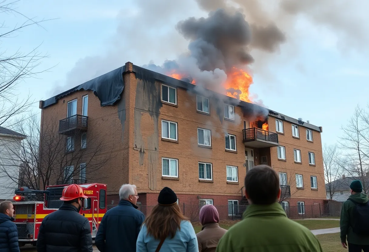 Burnt apartment building in Memphis with smoke