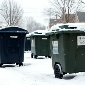 Snow-covered garbage collection carts in Memphis during winter weather