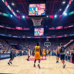 Basketball players in motion during an NBA game