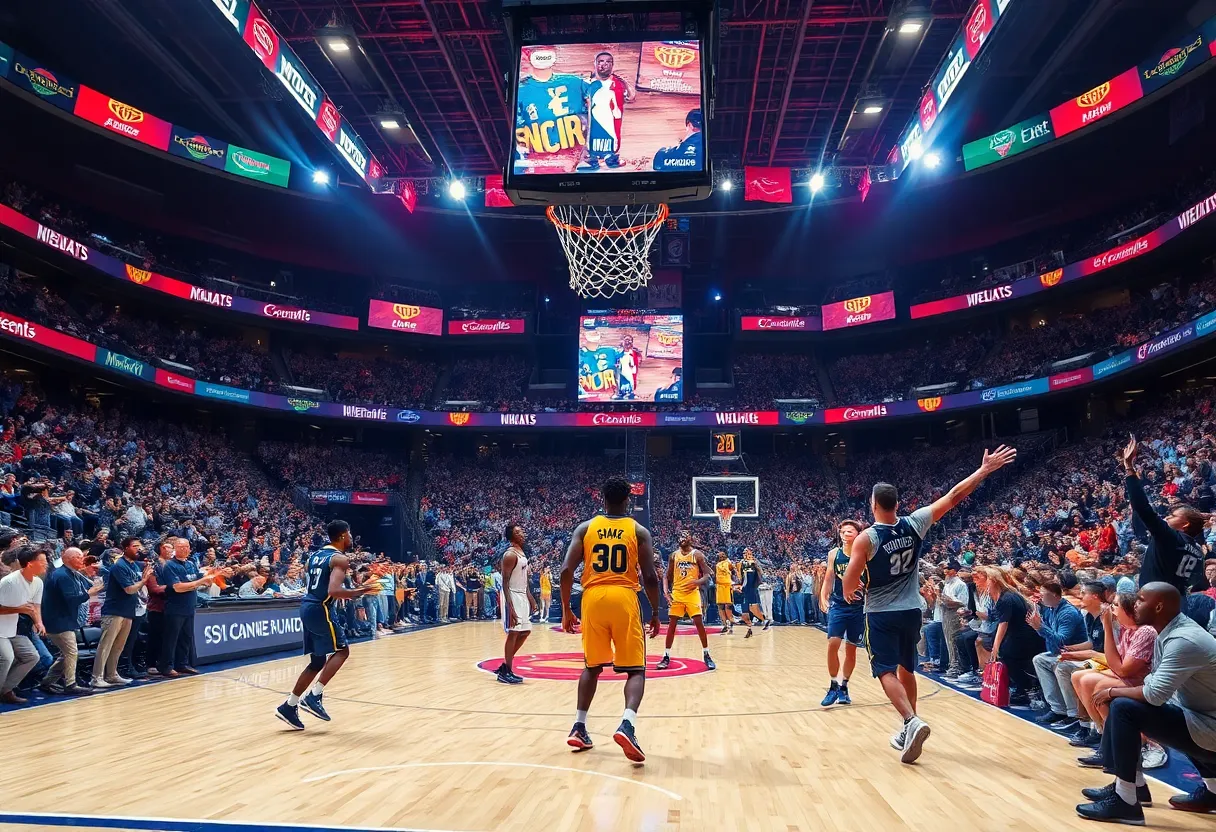Basketball players in motion during an NBA game