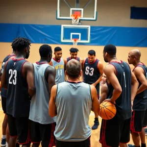Memphis Grizzlies players in a huddle during a training session.