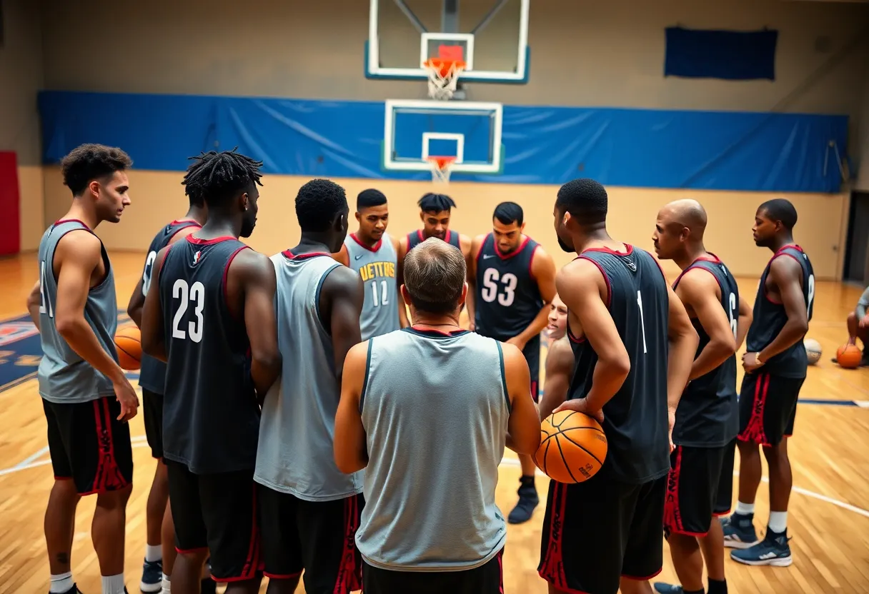Memphis Grizzlies players in a huddle during a training session.