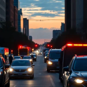 City street in Memphis during dusk with emergency response lights