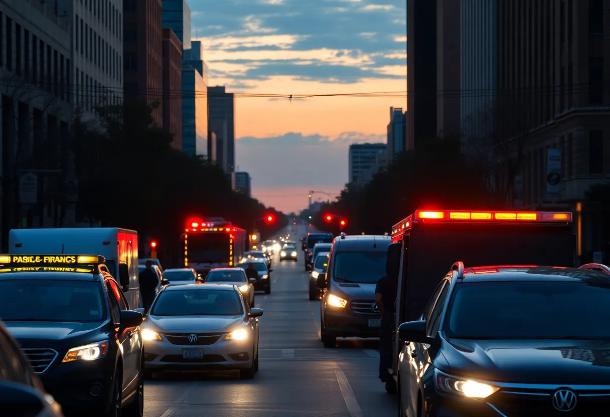 City street in Memphis during dusk with emergency response lights