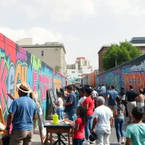 Artists painting at the Memphis mural festival showcasing vibrant community art.