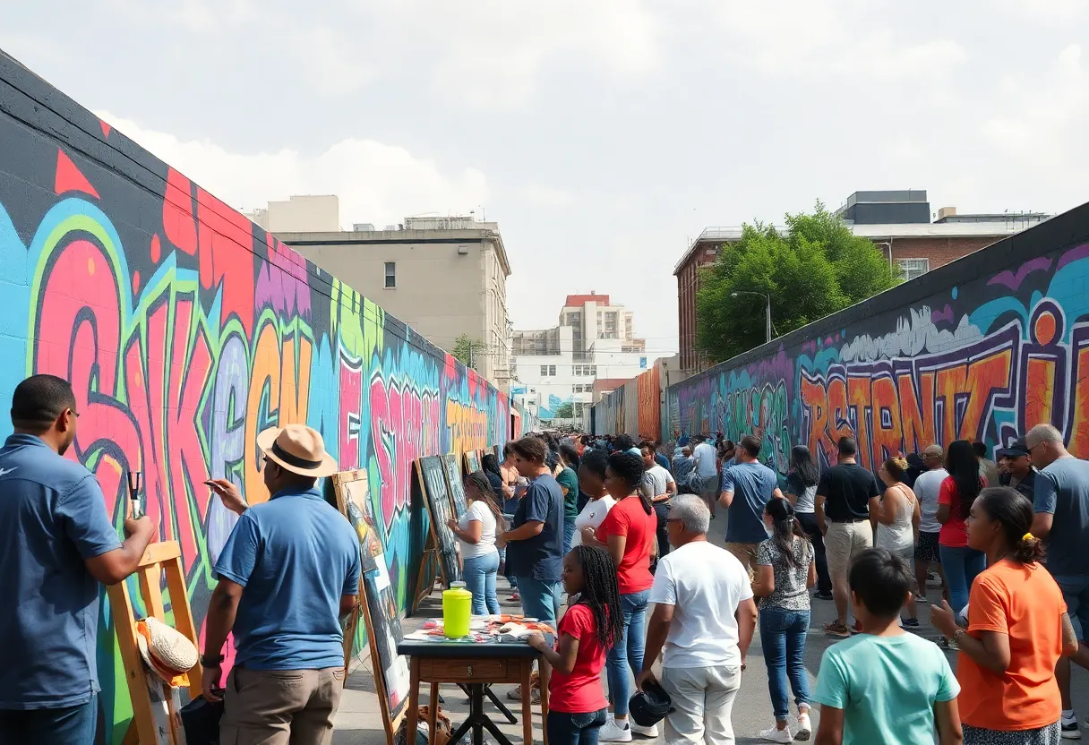 Artists painting at the Memphis mural festival showcasing vibrant community art.