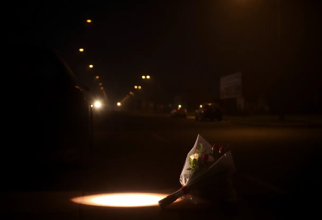 Crime scene in Memphis with memorial flowers