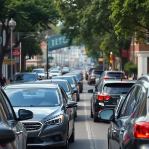Busy street in Memphis with various parked cars and pedestrians.