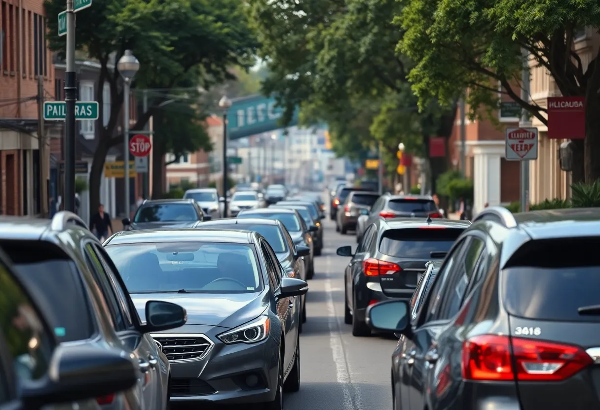 Busy street in Memphis with various parked cars and pedestrians.