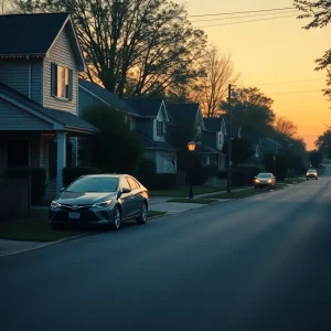 Suburban street with a house and parked car at dawn