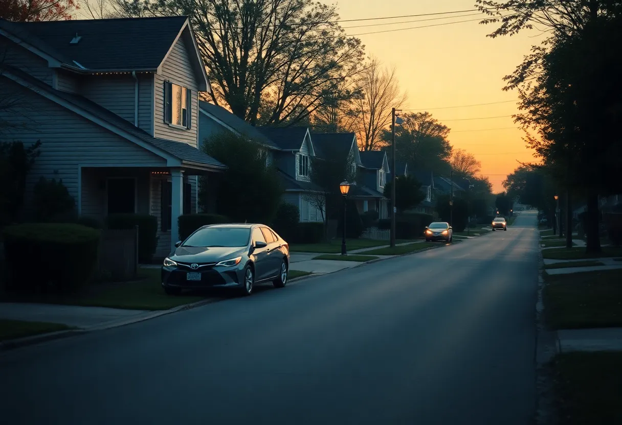 Suburban street with a house and parked car at dawn