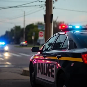 Police car at crime scene in Memphis with damaged pole.