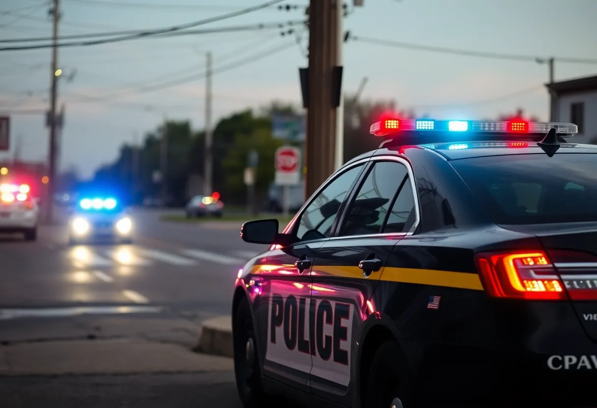 Police car at crime scene in Memphis with damaged pole.
