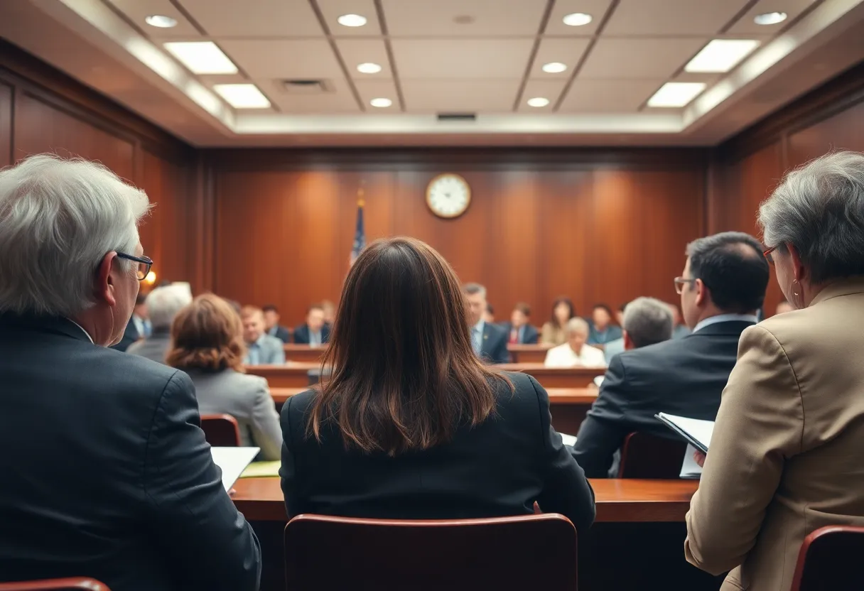 Scene from a courtroom regarding a school board lawsuit