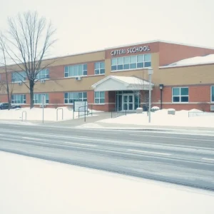 A school building covered in snow with icy conditions on the road