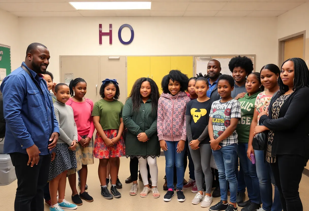 Diverse community members in a Memphis school atmosphere