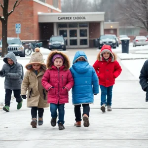 Children walking towards elementary school in snowy weather in Memphis