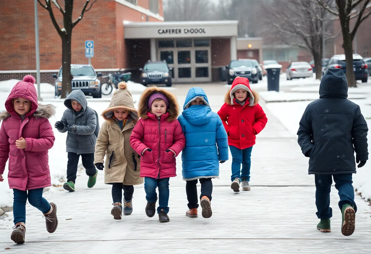 Children walking towards elementary school in snowy weather in Memphis