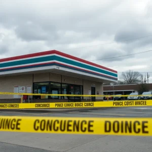 Convenience store scene with police presence after shooting incident