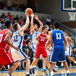 Action shot of a basketball game with Memphis Tigers in blue uniforms