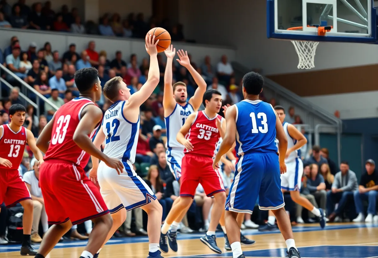 Action shot of a basketball game with Memphis Tigers in blue uniforms