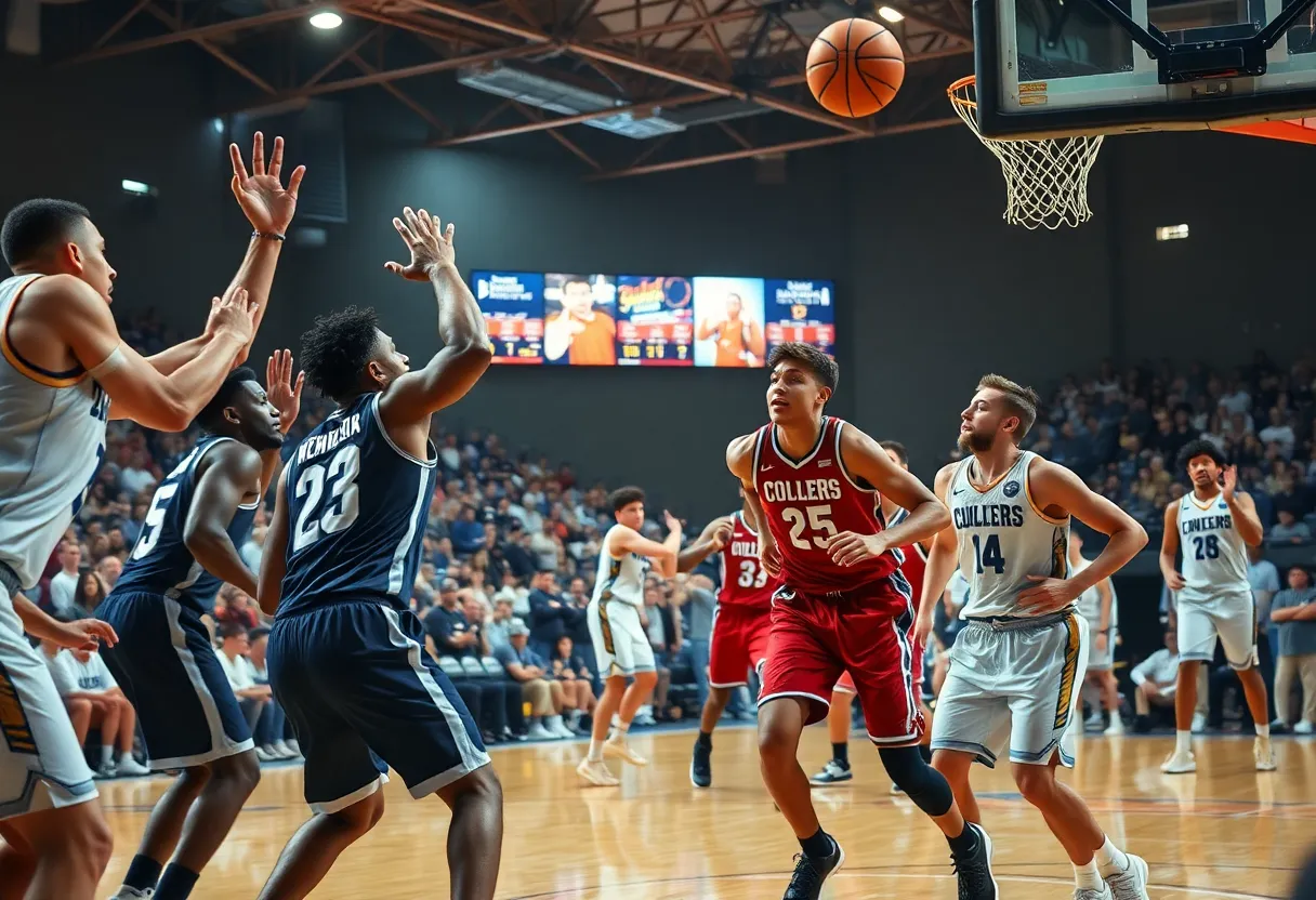 Memphis Tigers celebrating their victory against Rice Owls in a college basketball game.